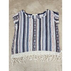 Rewind Womens Small Boho Striped Crochet Fringe Hem Cap Sleeve Top Blue Orange‎